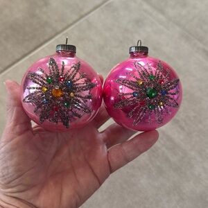 VINTAGE West Germany Pink Glass Glitter Starburst w/ Rhinestone Embellishments